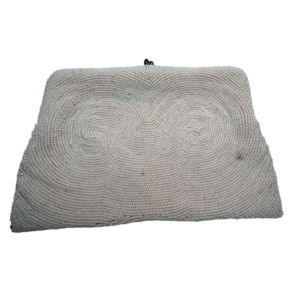 Vintage Made in Belgium White Beaded Clutch Kiss Lock Evening Bag - BH